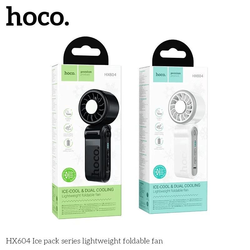พัดลมพกพา HOCO HX604 สีขาว พร้อมแผ่นทำความเย็น พับได้ 90&deg; ความเร็วมอเตอร์ 10000 RPM แบตเตอรี่ 3000MAH